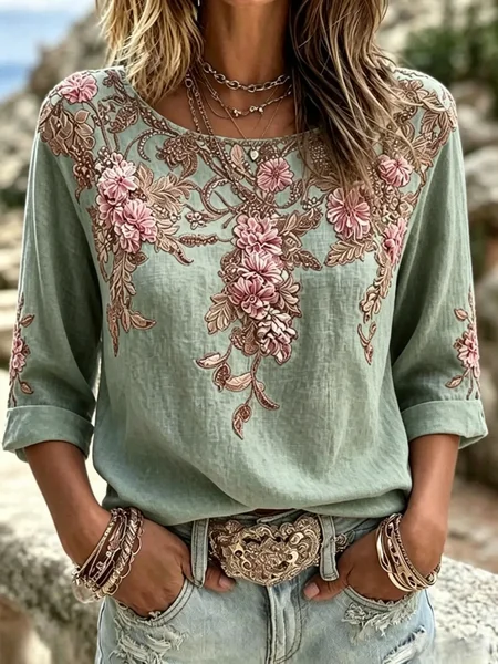 Women Floral Crew Neck Half Sleeve Blouse Vintage Daily Summer Top
