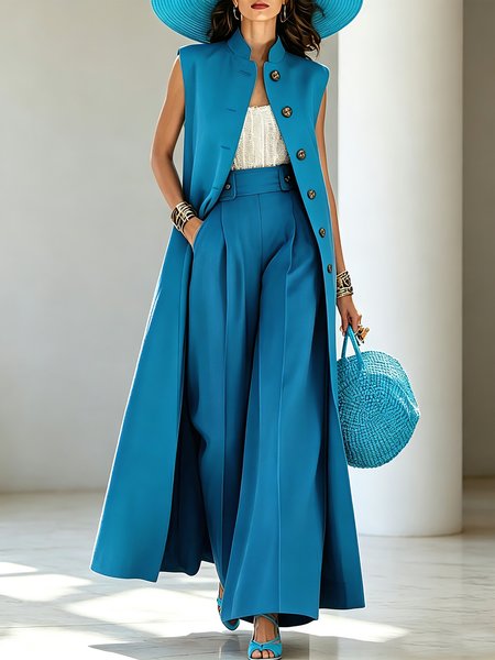 Urban Buttoned Plain Stand Collar Vest
