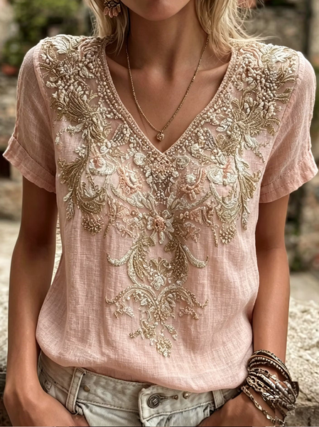 Women Floral Short Sleeve Tee T-shirt V Neck Printing Vintage Summer Top