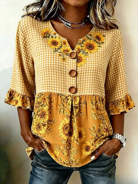 V Neck Half Sleeve Plaid Printing Regular Micro-Elasticity Regular Fit Blouse For Women