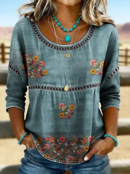 Women Floral Crew Neck Half Sleeve Blouse Printing Casual Daily Summer Top