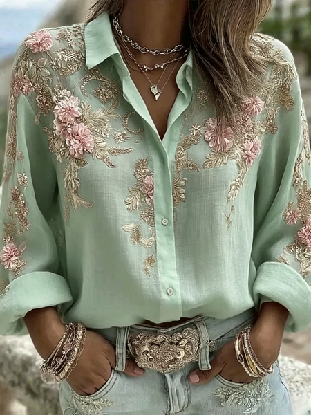 Women Floral Shirt Collar Long Sleeve Shirt Vintage Daily Spring/Fall Top
