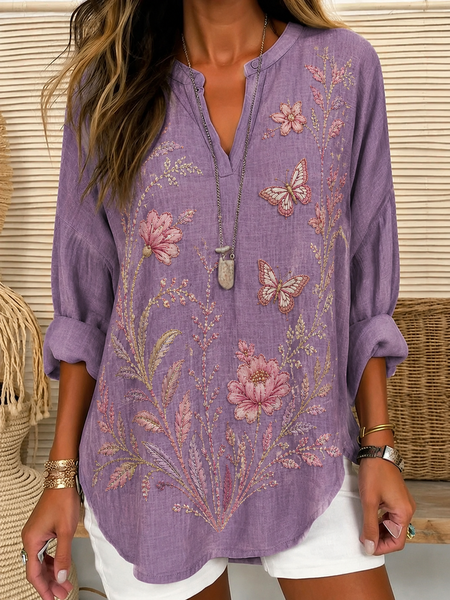 Women Floral V Neck Long Sleeve Shirt Printing Vintage Daily Spring/Fall Top