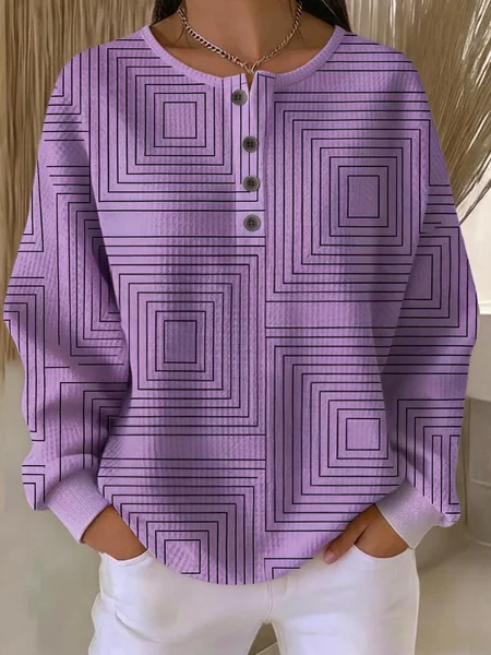 Women Geometric Henley Collar Casual Spring/Fall Long Sleeve Sweatshirt