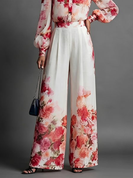 Loose Elegant Floral Straight Pants