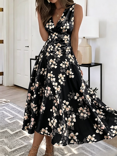 Women Floral Summer Dress V Neck Sleeveless A-Line Dress