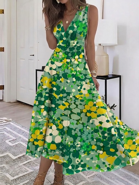 Women Abstract Summer Dress V Neck Sleeveless A-Line Dress