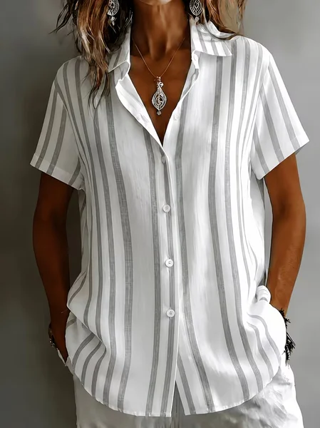 Shirt Collar Short Sleeve Striped Regular Micro-Elasticity Loose Button Up Shirt Shirt For Women