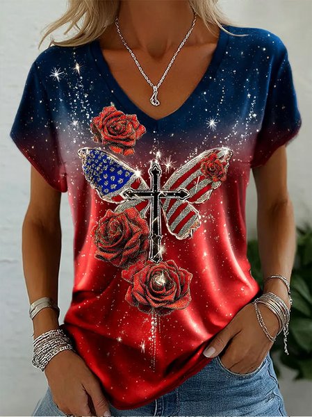 Women Geometric Short Sleeve Tee T-shirt V Neck Casual Summer Top