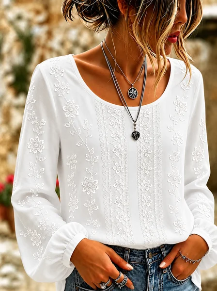 

Crew Neck Long Sleeve Floral Printing Lightweight Micro-Elasticity Loose Blouse For Women, White, Blouses