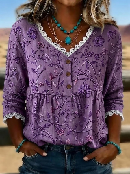 

V Neck Half Sleeve Floral Printing Regular Micro-Elasticity Regular Fit Blouse For Women, Purple, Blouses