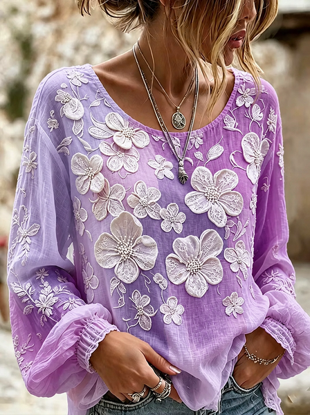 

Crew Neck Long Sleeve Floral Printing Lightweight Micro-Elasticity Loose Blouse For Women, Purple, Blouses