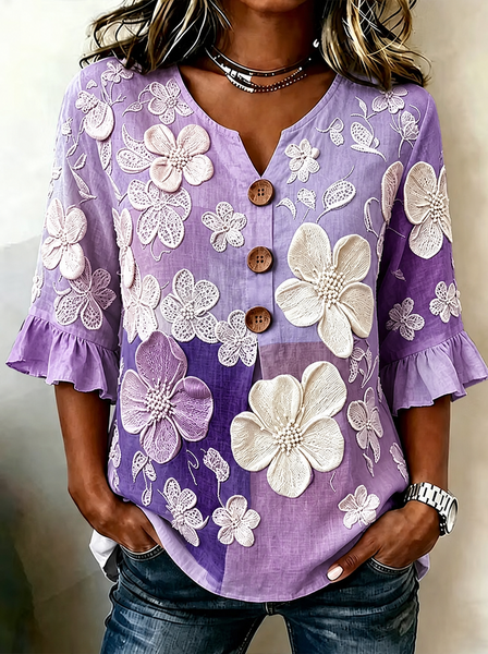 

V Neck Half Sleeve Floral Printing Regular Regular Fit Blouse For Women, Purple, Blouses