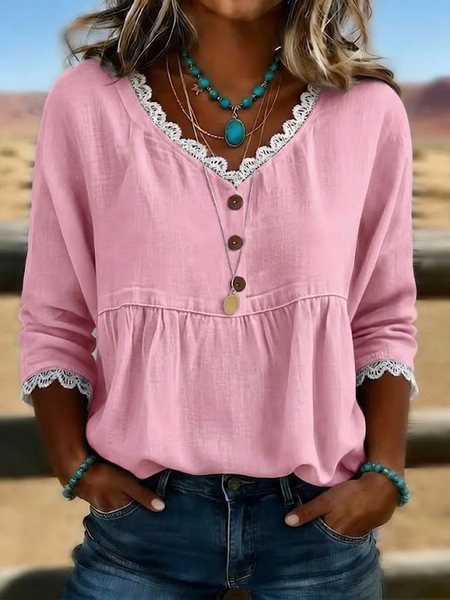 

V Neck Half Sleeve Plain Lace Edge Regular Micro-Elasticity Regular Fit Blouse For Women, Pink, Blouses