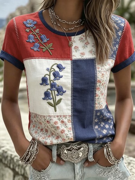 Women Floral Short Sleeve Tee T-shirt Crew Neck Casual Summer Top