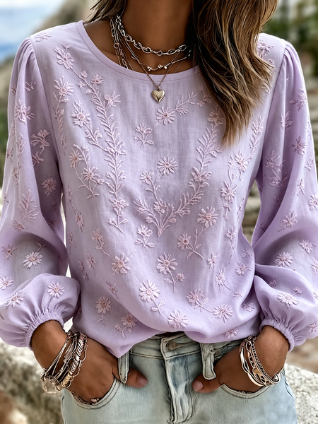 

Crew Neck Long Sleeve Floral Printing Lightweight Micro-Elasticity Loose Blouse For Women, Purple, Blouses