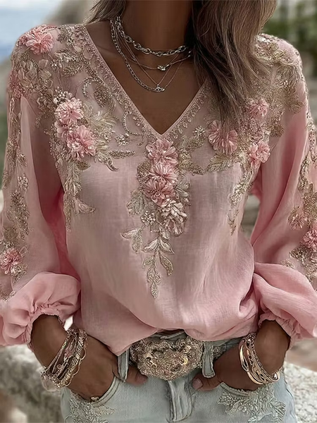 

V Neck Long Sleeve Geometric Printing Lightweight Micro-Elasticity Loose Blouse For Women, Pink, Blouses