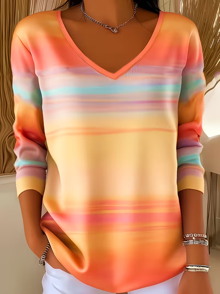 Women Ombre Long Sleeve Tee T-shirt V Neck Casual Spring/Fall Top