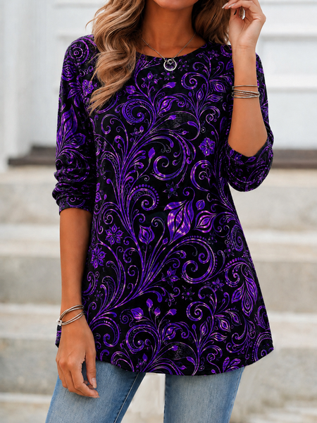 Women Geometric Long Sleeve Tee T-shirt Crew Neck Printing Casual Spring/Fall Top