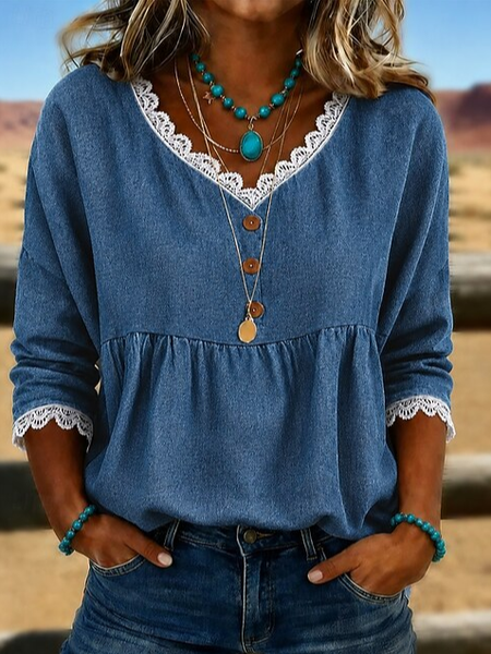 

V Neck Half Sleeve Faux Denim Print Graphic Printing Regular Micro-Elasticity Regular Fit Blouse For Women, Blue, Blouses