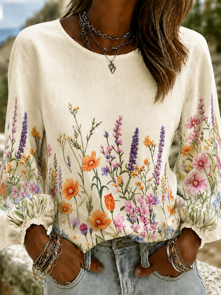 

Crew Neck Long Sleeve Geometric Printing Lightweight Micro-Elasticity Loose Blouse For Women, Apricot, Blouses
