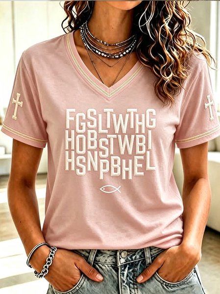 Women Text Letters Short Sleeve Tee T-shirt V Neck Casual Summer Top