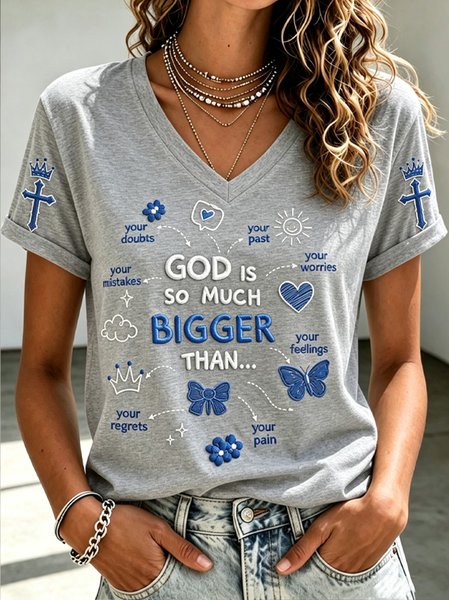 Women Geometric Short Sleeve Tee T-shirt V Neck Casual Summer Top
