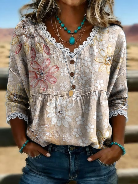 Women Floral V Neck Half Sleeve Blouse Printing Casual Daily Summer Top