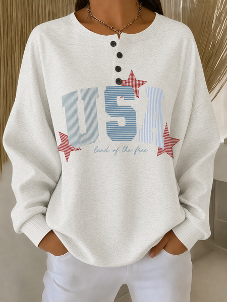Women Text Letters Henley Collar Casual Spring/Fall Long Sleeve Sweatshirt