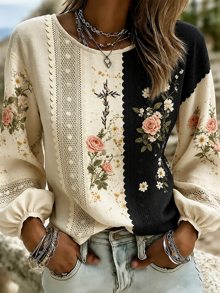 

Crew Neck Long Sleeve Floral Printing Lightweight Micro-Elasticity Loose Blouse For Women, Black-white, Blouses