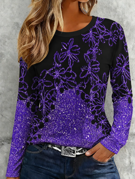 Women Floral Long Sleeve Tee T-shirt Crew Neck Printing Casual Spring/Fall Top