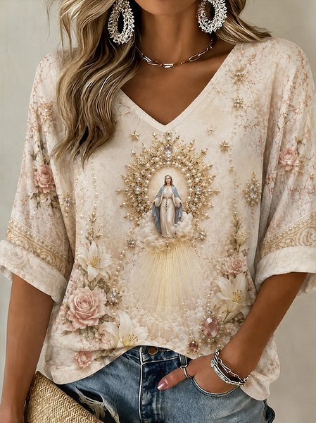 Women Floral Half Sleeve Tee T-shirt V Neck Vintage Summer Top