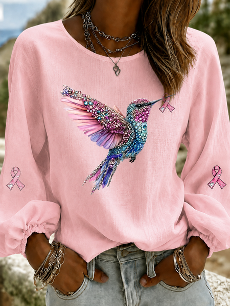 

Crew Neck Long Sleeve Geometric Printing Lightweight Micro-Elasticity Loose Blouse For Women, Pink, Blouses