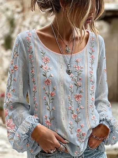 

Crew Neck Long Sleeve Floral Printing Lightweight Micro-Elasticity Loose Blouse For Women, Blue, Blouses