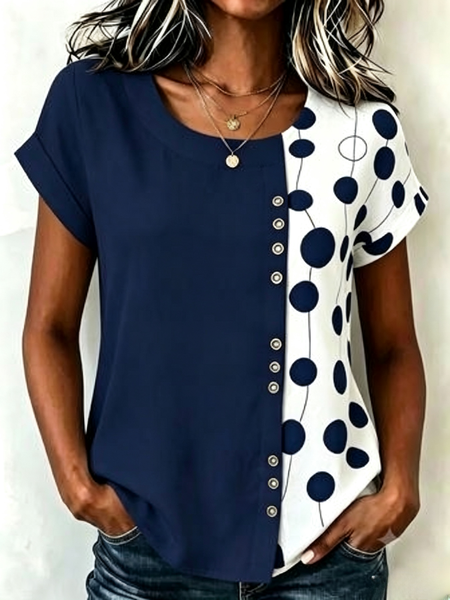 Women Polka Dots Crew Neck Short Sleeve Blouse Casual Daily Summer Top