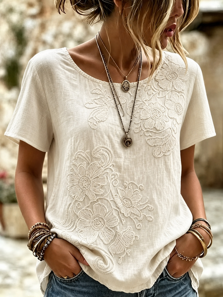 Women Floral Short Sleeve Tee T-shirt Crew Neck Printing Casual Summer Top