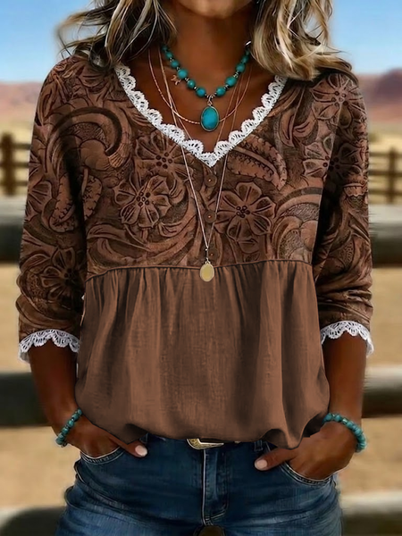 

V Neck Half Sleeve Floral Printing Regular Micro-Elasticity Regular Fit Blouse For Women, Brown, Blouses