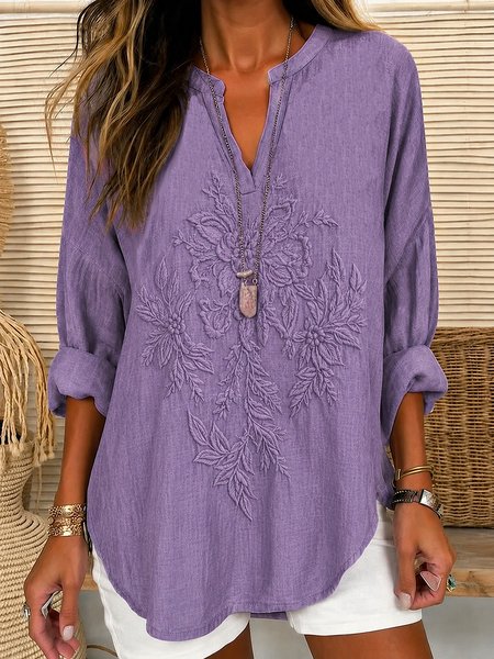 

V Neck Long Sleeve Floral Printing Regular Loose Shirt For Women, Purple, Blouses