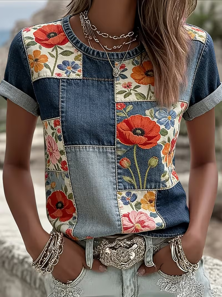 

Casual Floral Crew Neck Short Sleeve T-shirt, Blue, T-shirts