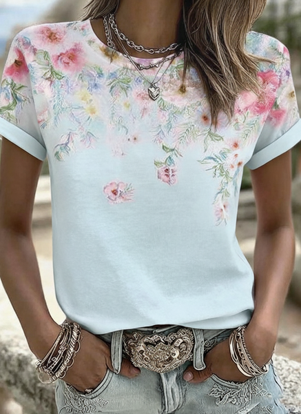 Women Floral Short Sleeve Tee T-shirt Crew Neck Casual Summer Top