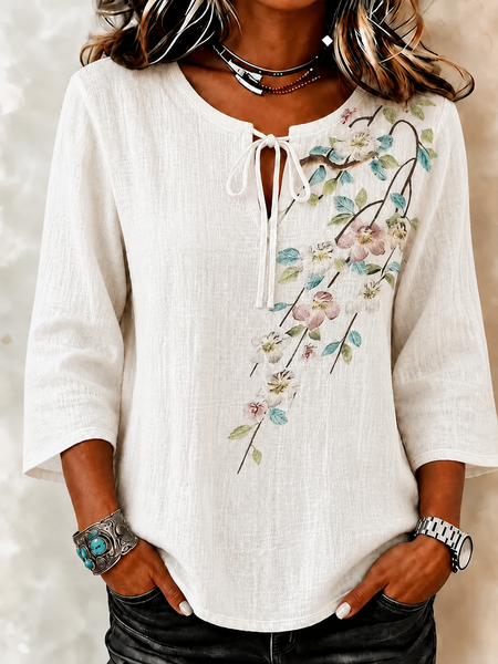 V Neck Half Sleeve Floral Regular Loose Blouse For Women