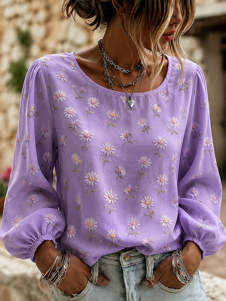 

Crew Neck Long Sleeve Floral Printing Lightweight Micro-Elasticity Loose Blouse For Women, Purple, Blouses