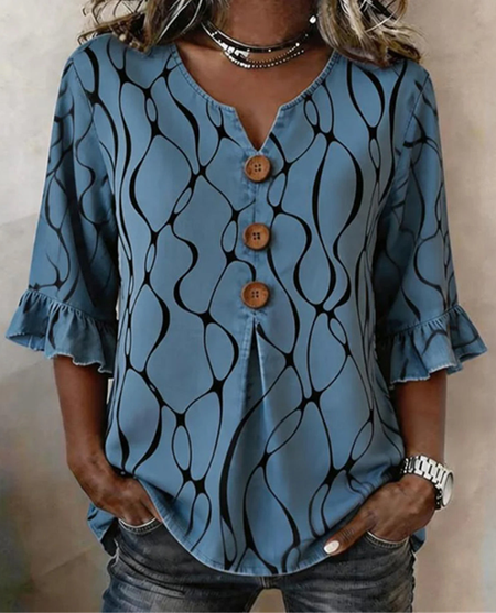 V Neck Half Sleeve Geometric Regular Fit Blouse For Women