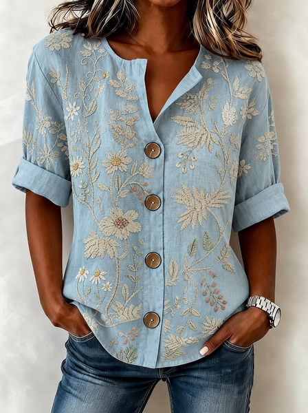 Women Floral Stand Collar Three Quarter Sleeve Shirt Casual Daily Spring/Fall Top