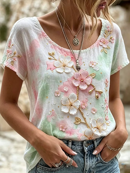 Women Floral Short Sleeve Tee T-shirt Crew Neck Printing Casual Graphic Tee Summer Top