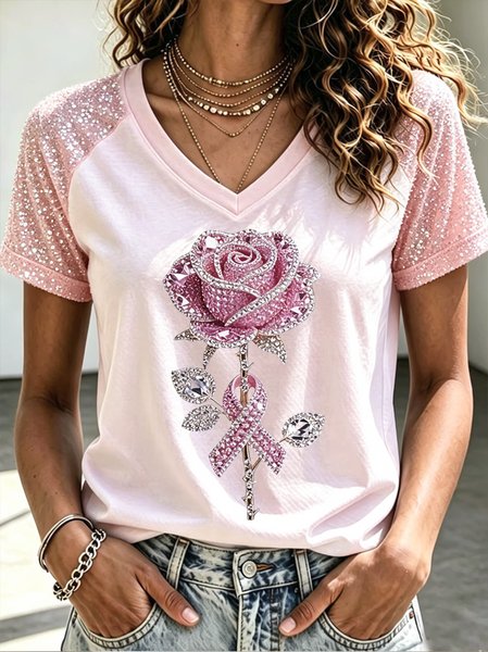 Women Floral Short Sleeve Tee T-shirt V Neck Casual Summer Top