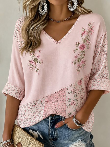 Women Floral Half Sleeve Tee T-shirt V Neck Vintage Summer Top