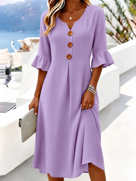 Women Plain Half Sleeve V Neck Dress Daily Casual Midi A-Line Summer Dress