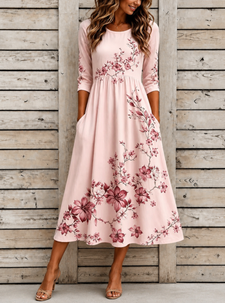 

Women Floral Summer Dress Crew Neck Half Sleeve T-Shirt Dress A-Line Dress, Pink, Dresses