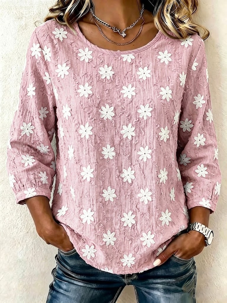 

Crew Neck Half Sleeve Floral Printing Regular Micro-Elasticity Regular Fit Blouse For Women, Pink, Blouses
